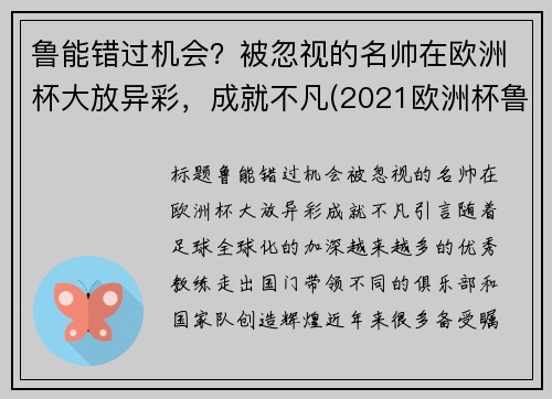 鲁能错过机会？被忽视的名帅在欧洲杯大放异彩，成就不凡(2021欧洲杯鲁尼没上场)