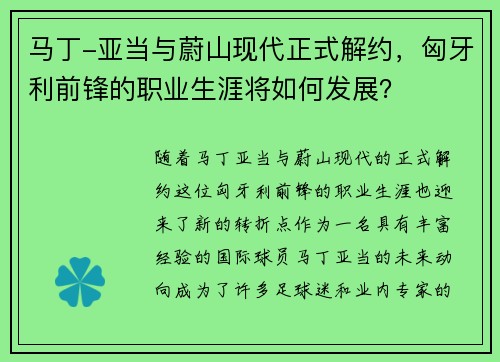 马丁-亚当与蔚山现代正式解约，匈牙利前锋的职业生涯将如何发展？