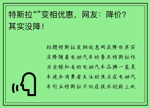 特斯拉“”变相优惠，网友：降价？其实没降！