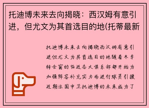 托迪博未来去向揭晓：西汉姆有意引进，但尤文为其首选目的地(托蒂最新消息)