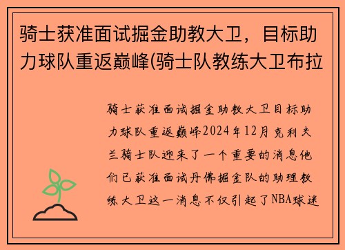 骑士获准面试掘金助教大卫，目标助力球队重返巅峰(骑士队教练大卫布拉切)