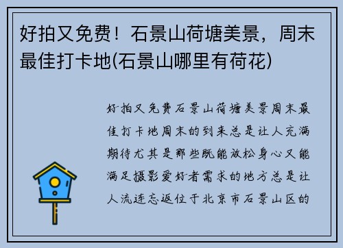 好拍又免费！石景山荷塘美景，周末最佳打卡地(石景山哪里有荷花)