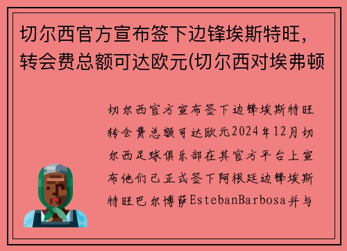 切尔西官方宣布签下边锋埃斯特旺，转会费总额可达欧元(切尔西对埃弗顿比赛结果)