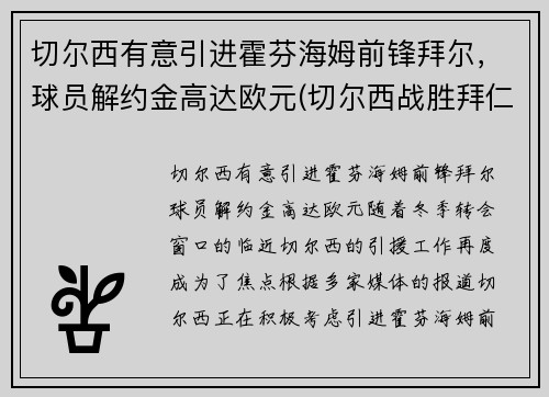 切尔西有意引进霍芬海姆前锋拜尔，球员解约金高达欧元(切尔西战胜拜仁夺冠)