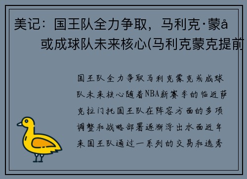 美记：国王队全力争取，马利克·蒙克或成球队未来核心(马利克蒙克提前进场)